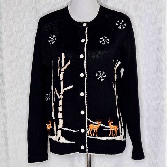 Terazzo Deer in Forest Black White Knit Button Front Christmas Cardigan Sweater - Picture 1 of 9